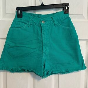 90s y2k Green Jean Shorts with Frayed Hem and Cut-Off Style